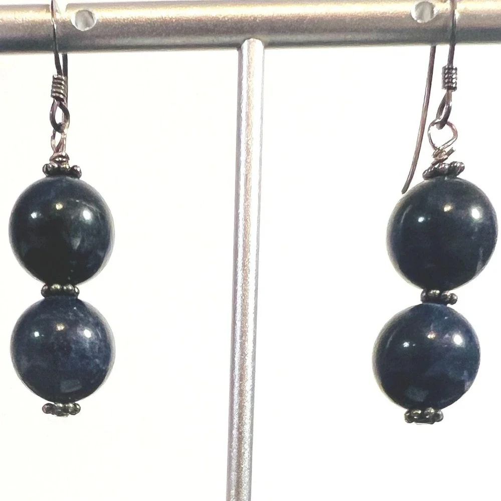 Vintage 925 Sterling Earrings Dark Blue Marbled Beaded Gemstone Dangle Hook 1.5'